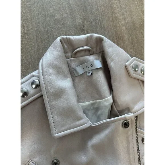 IRO PARIS Milaspe Light Baby Metallic Pink Lambskin Leather Moto Biker Jacket 38 - Picture 3 of 12